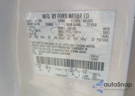 2009 Mercury Mariner V6 from USA, damaged, VIN 4M2CU81G09KJ25958